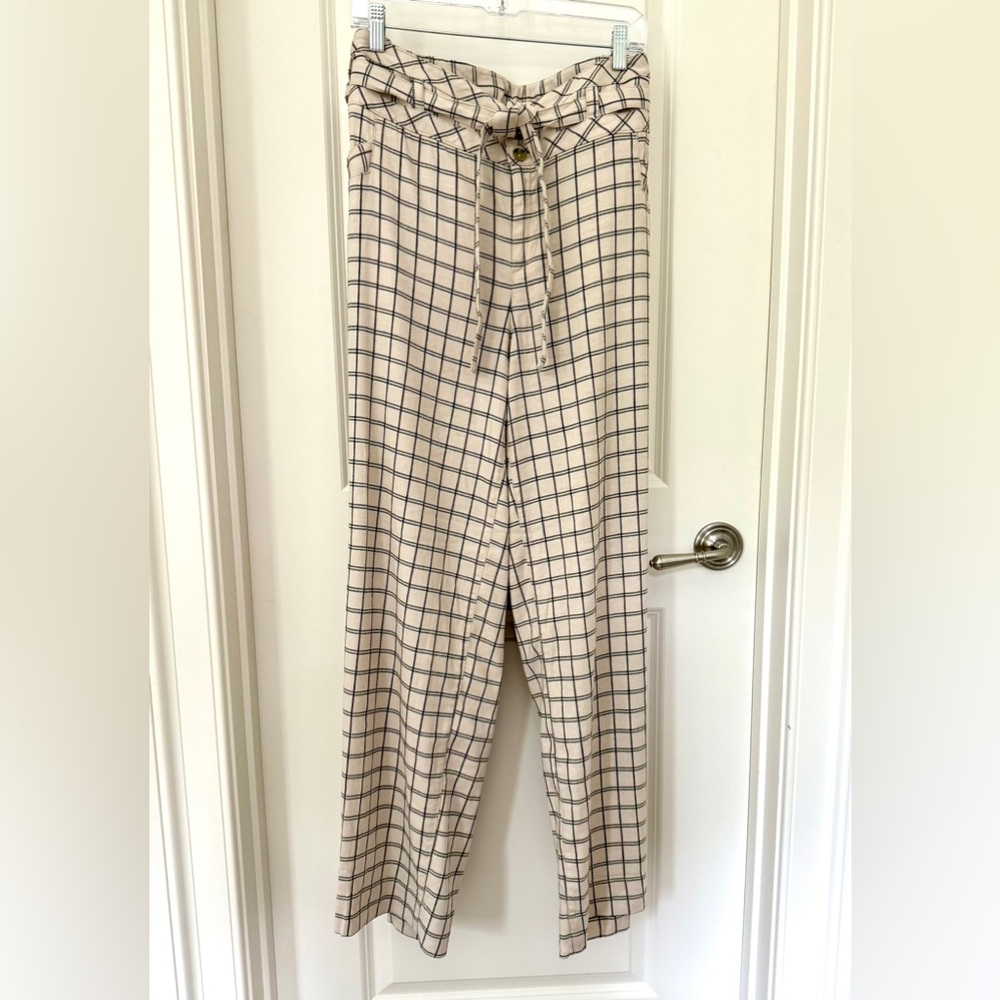 Anthropologie Cream and Black Plaid Trousers with Ties at Waist Size 16W